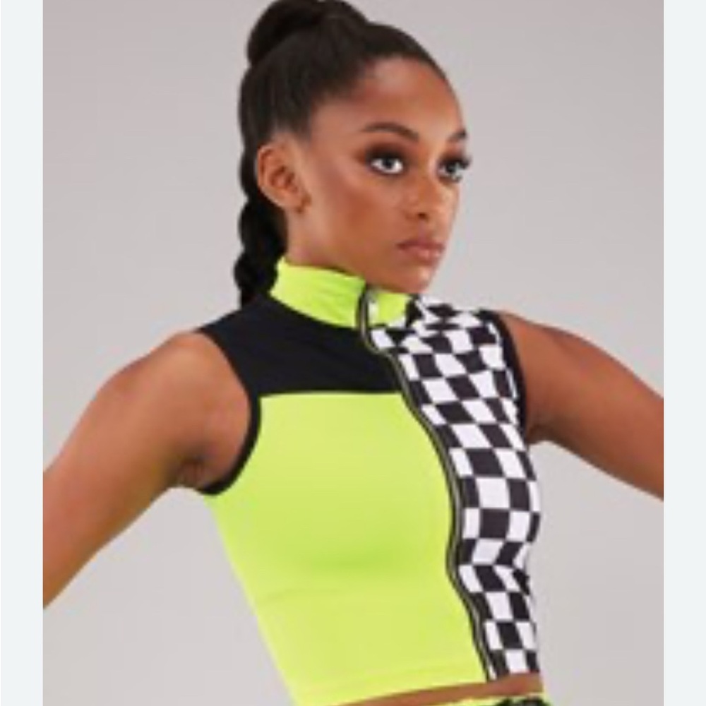 Weissman Neon Yellow and Black Checkered Dance Costume